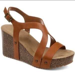 Journee Collection Geneva Wedge Sandal Tan Brown Sz 8.5 Euro Vacation Boho